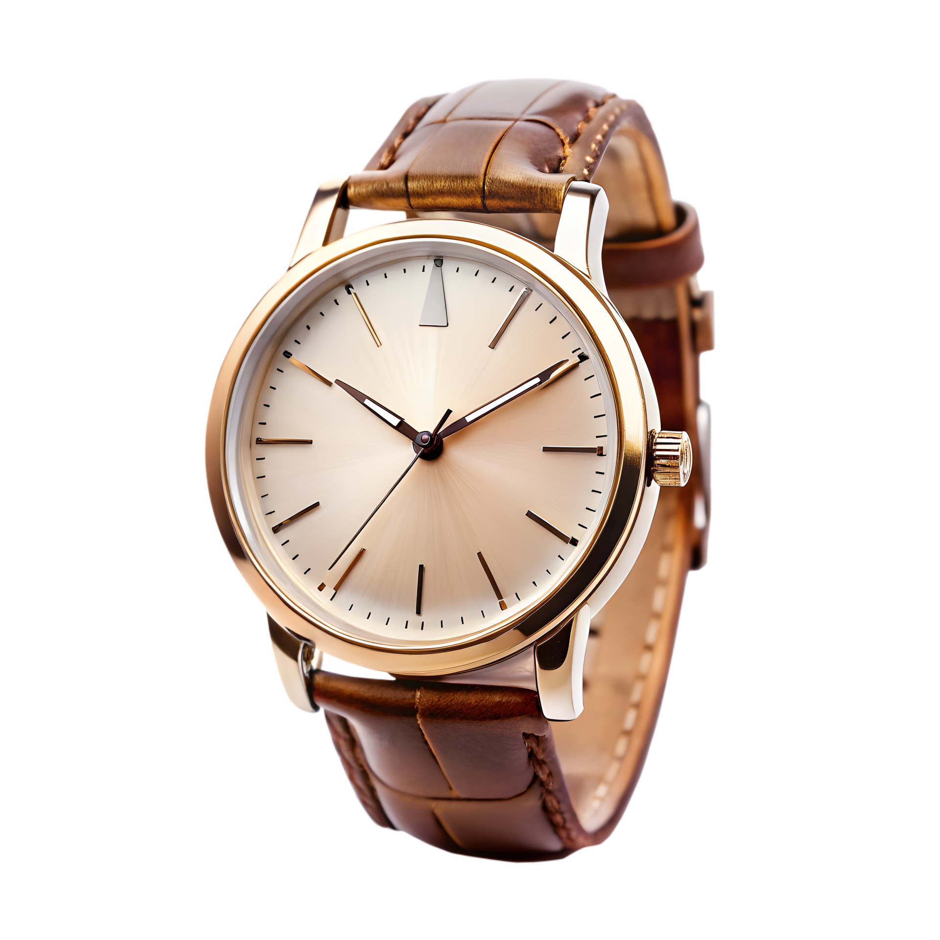 Une montre avec un bracelet en cuir marron.