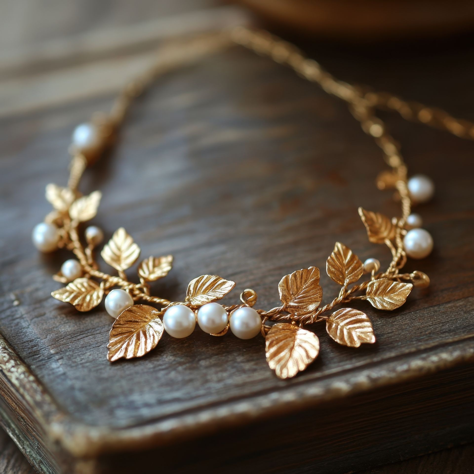 Un collier doré avec des perles.