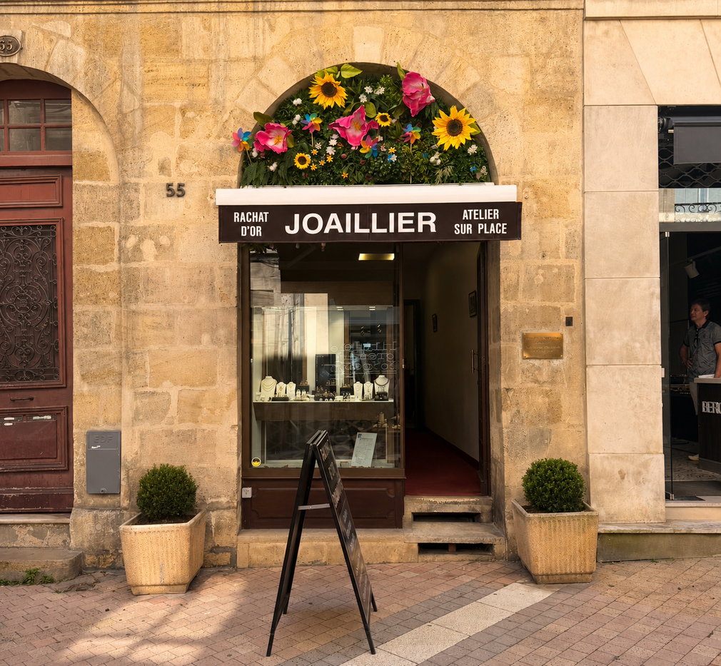 Façade de bijouterie avec arche fleurie, vitrine et enseigne sur le trottoir.