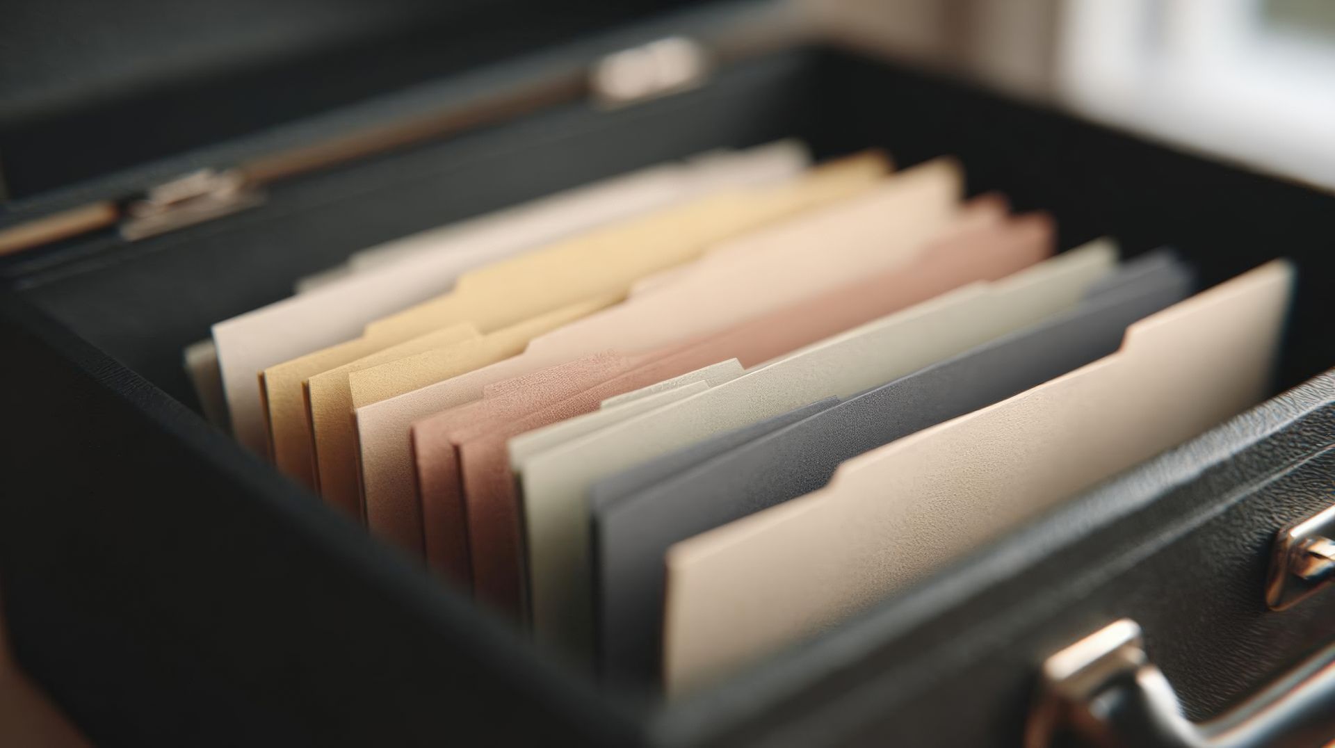 Une boîte de classement noire contenant plusieurs chemises à onglets en papier kraft et gris, disposées en rangée.