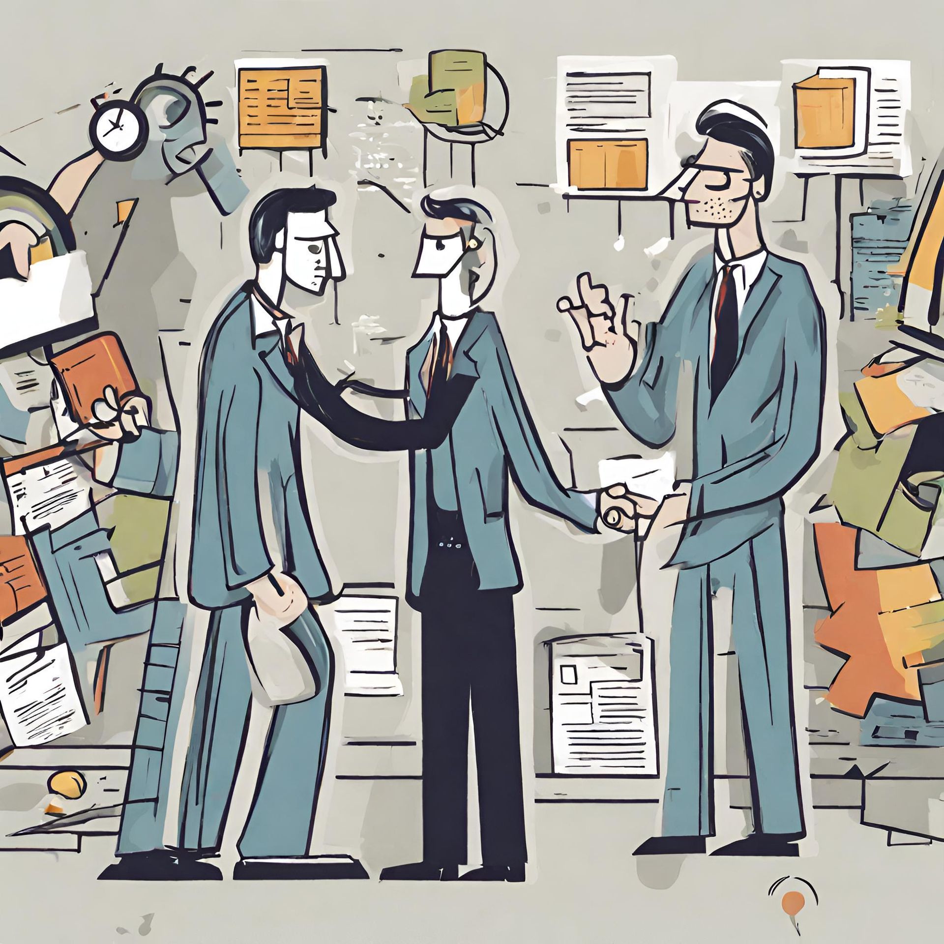 Trois personnages stylisés en costume interagissent dans un décor de bureau rempli de documents éparpillés, de graphiques et d'une horloge.