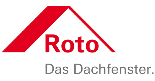 Roto-Logo mit rotem, dachförmigem Symbol und grauem Slogan „Das Dachfenster“.