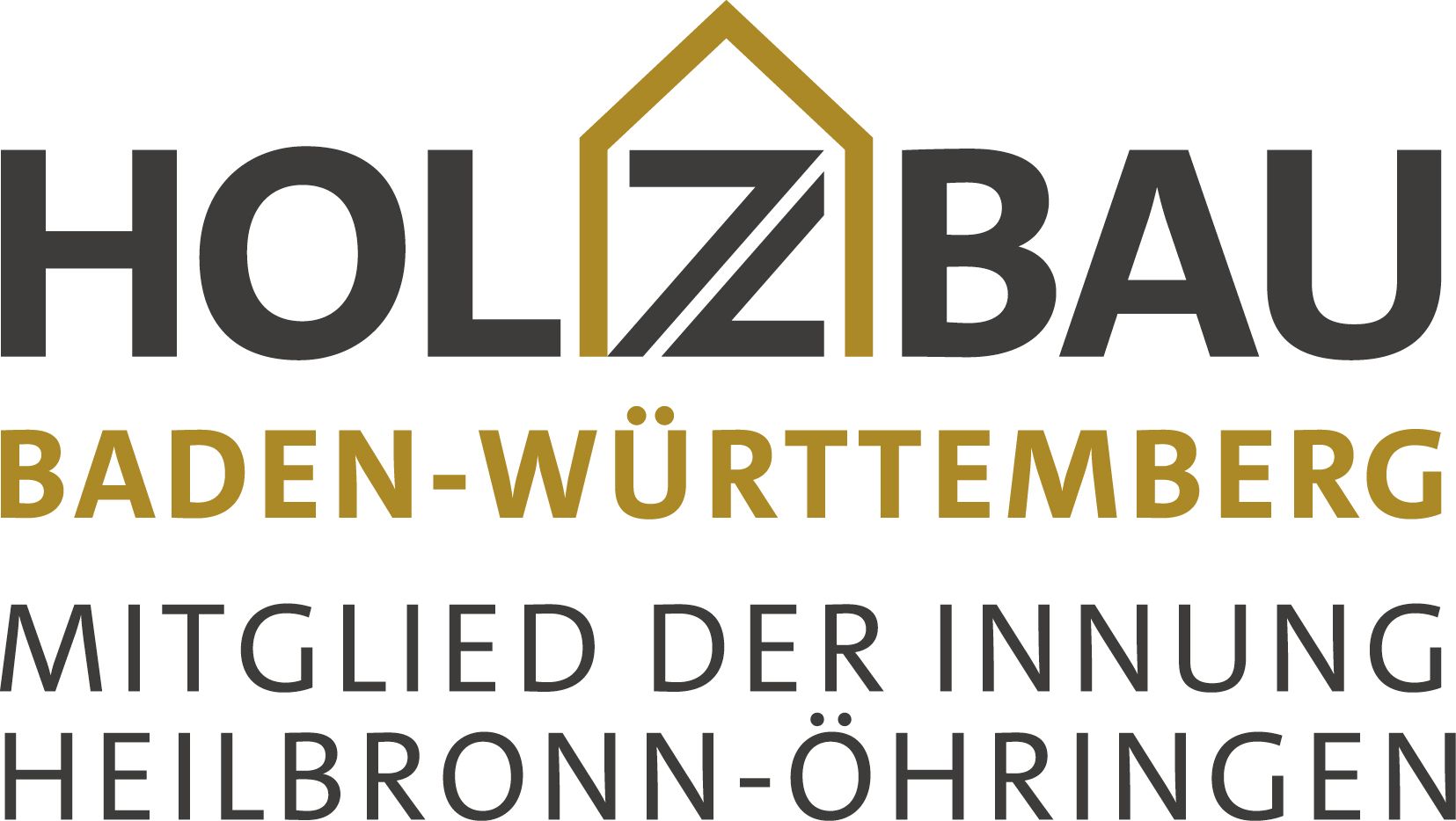 Holzbau Baden-Württemberg logo with gold roof icon and text “Mitglied der Innung Heilbronn-Öhringen”