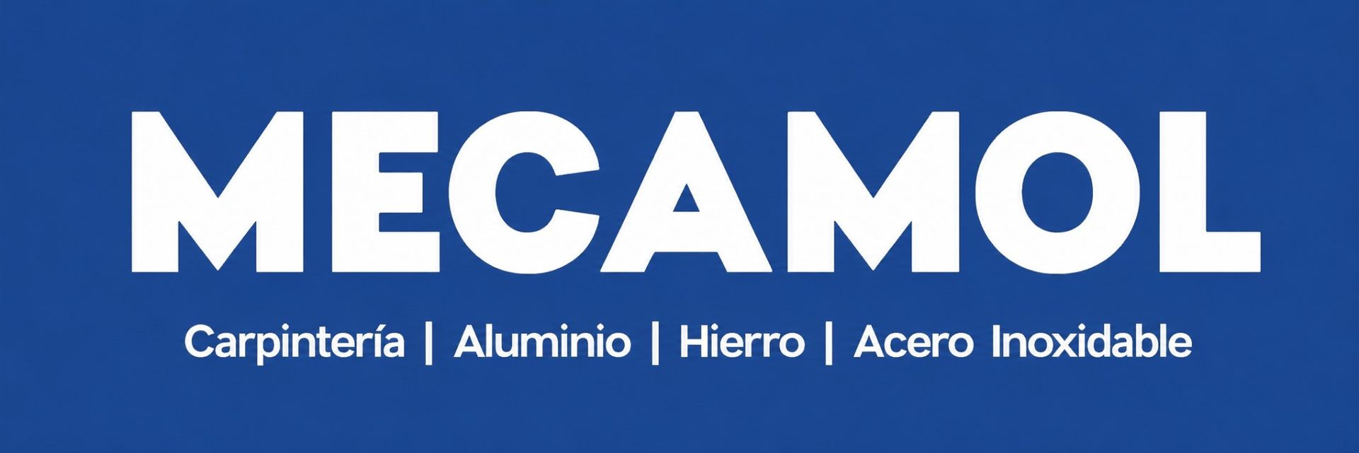Blue logo reading &ldquo;MECAMOL&rdquo; with the words &ldquo;Carpinter&iacute;a | Aluminio | Hierro | Acero Inoxidable&rdquo; underneath