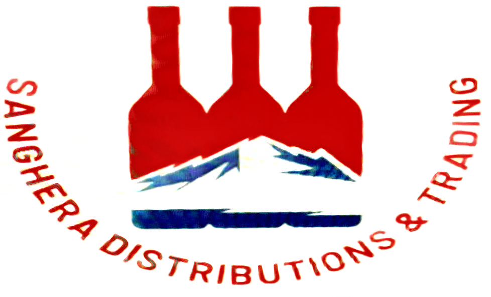 Logotipo de Sanghera Distributions & Trading que muestra tres botellas sobre un gráfico de una montaña.