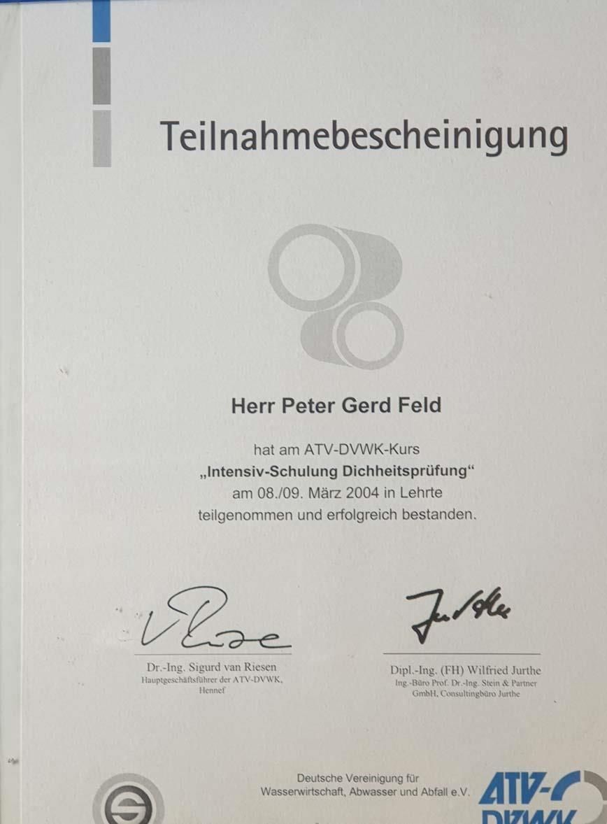 Eine Urkunde mit der Aufschrift Herr Peter Gerd Feld