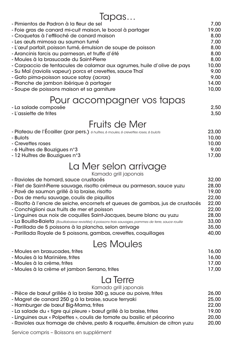 Carte des plats