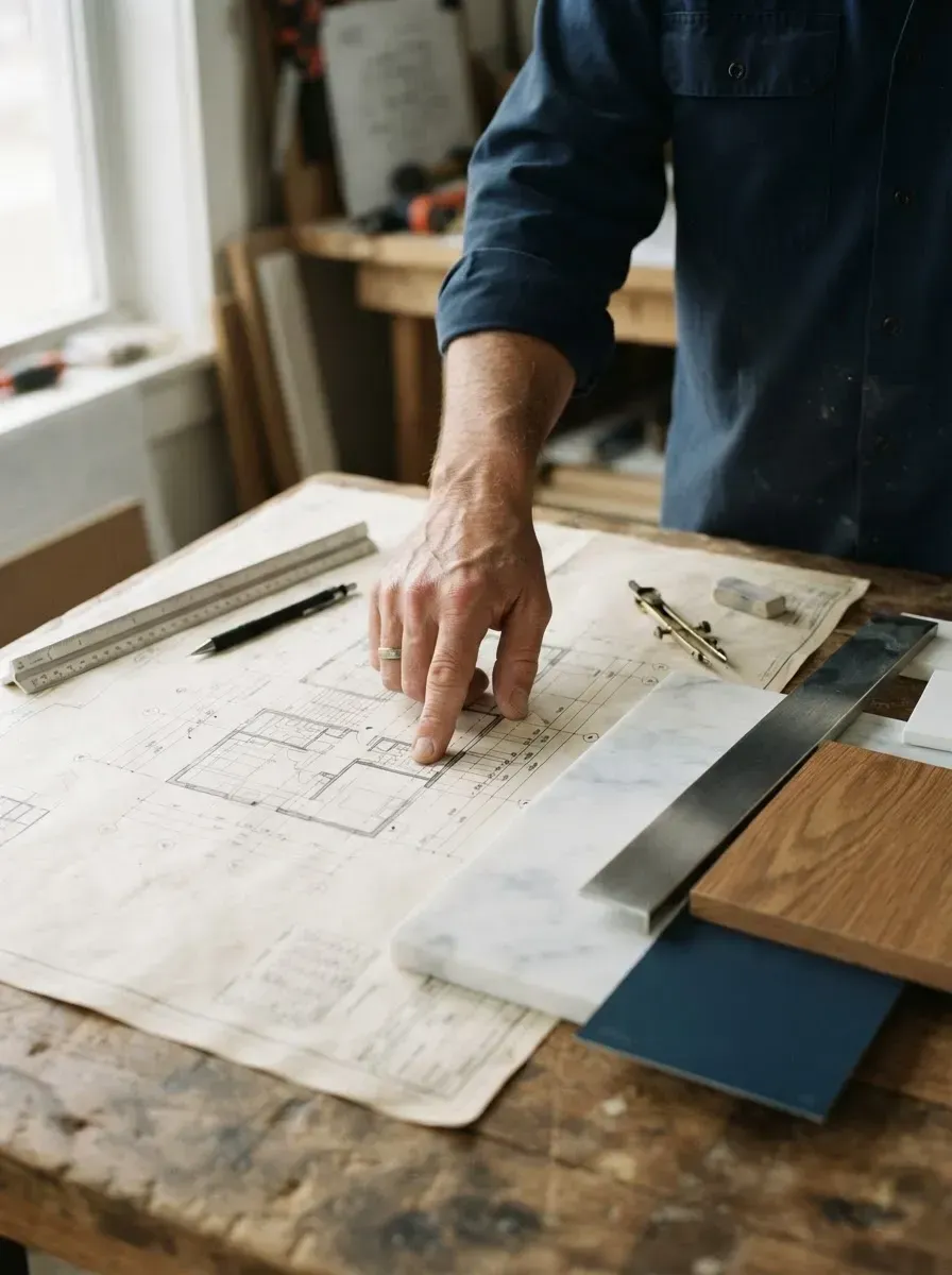 Una persona señala un plano sobre una mesa de trabajo con herramientas y muestras de madera cerca.