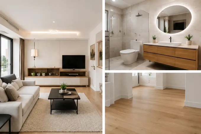 Luminoso salón y baño modernos con paredes blancas, detalles en madera clara y suelos de madera noble.