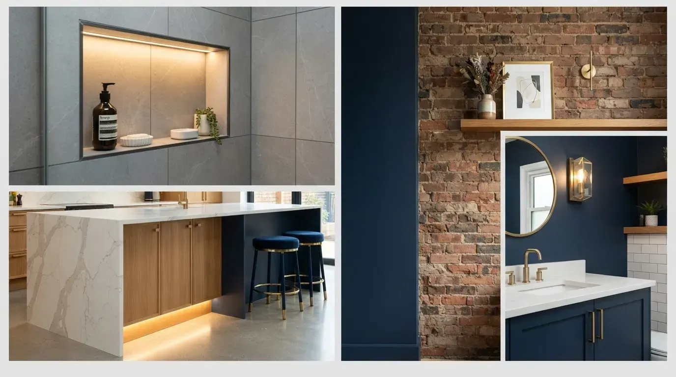 Muebles de baño modernos con encimeras de piedra, gabinetes de madera cálida y espejos iluminados en dos estilos de diseño.