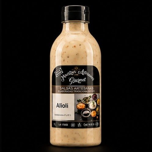 Botella de salsa alioli cremosa con tapón y etiqueta negros, aislada sobre fondo negro.