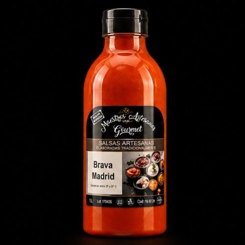 Botella naranja de salsa gourmet Brava Madrid con etiqueta negra sobre fondo negro.
