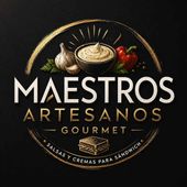 Logotipo de Maestros Artesanos Gourmet con ajo, cuenco de salsa y pimientos rojos sobre fondo negro.