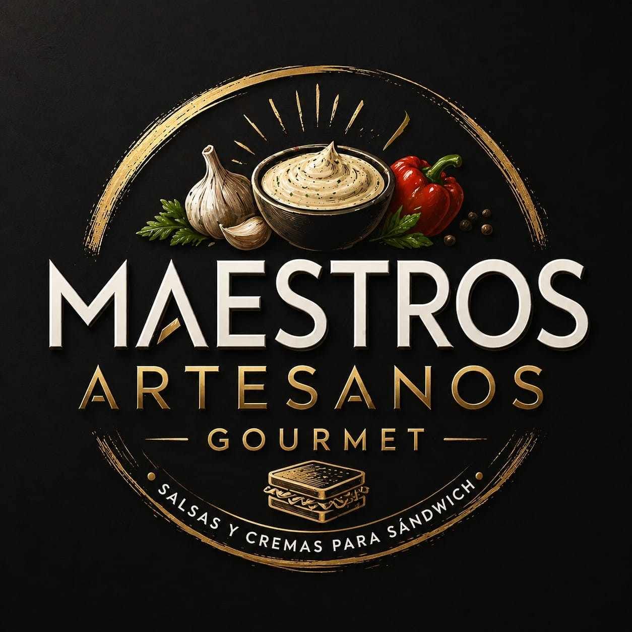Logotipo de Maestros Artesanos Gourmet con ajo, cuenco de salsa y pimientos rojos sobre fondo negro.