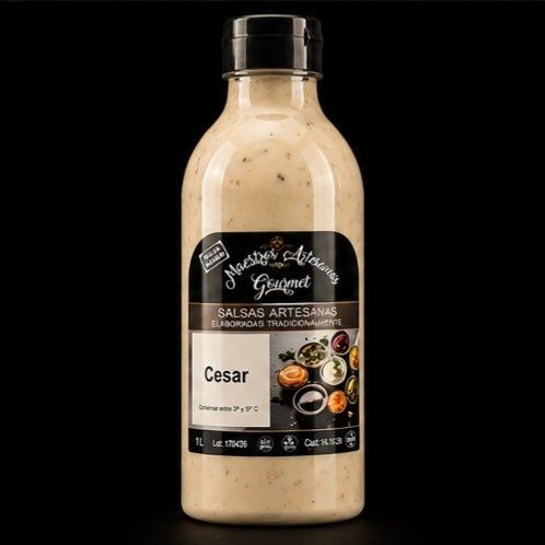 Botella de aderezo gourmet César con salsa cremosa de color beige y etiqueta negra sobre fondo oscuro.
