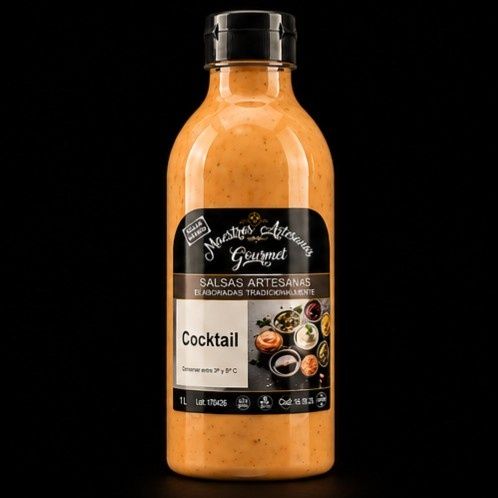 Botella de salsa cóctel de naranja con etiqueta negra sobre fondo negro.