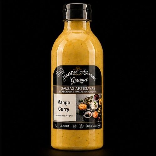 Botella de salsa de curry de mango con tapón negro y etiqueta amarillo-anaranjada sobre fondo negro.