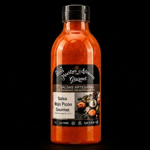 Botella de salsa picante naranja con etiqueta negra sobre fondo negro.