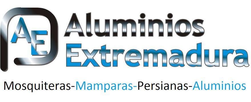 Logotipo para "Aluminios Extremadura" con gr&aacute;fico "AE", texto azul y plata y listado de productos.
