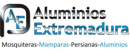 Logotipo para "Aluminios Extremadura" con gr&aacute;fico "AE", texto azul y plata y listado de productos.