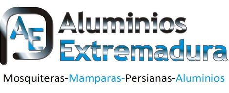 Logotipo para "Aluminios Extremadura" con gr&aacute;fico "AE", texto azul y plata y listado de productos.