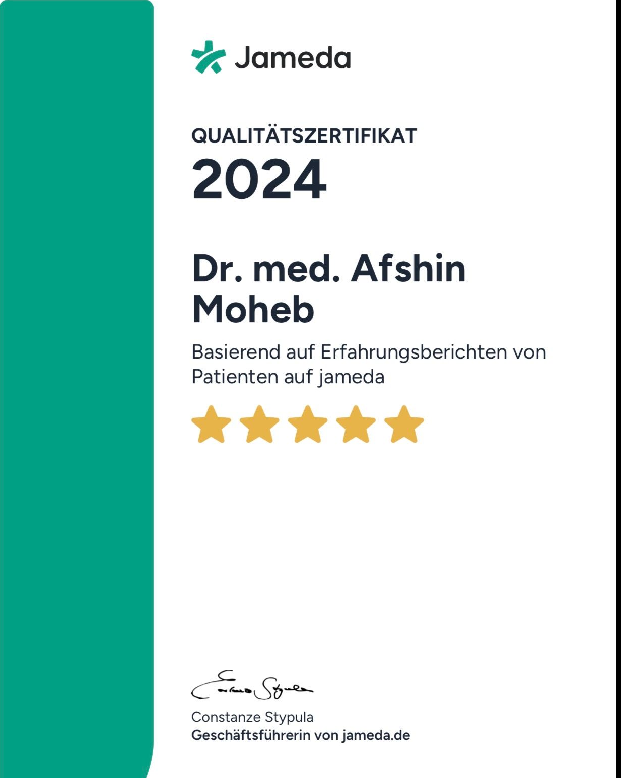 Jameda-2024-Qualitätszertifikat für Dr. med. Afshin Moheb mit fünf Goldsternen
