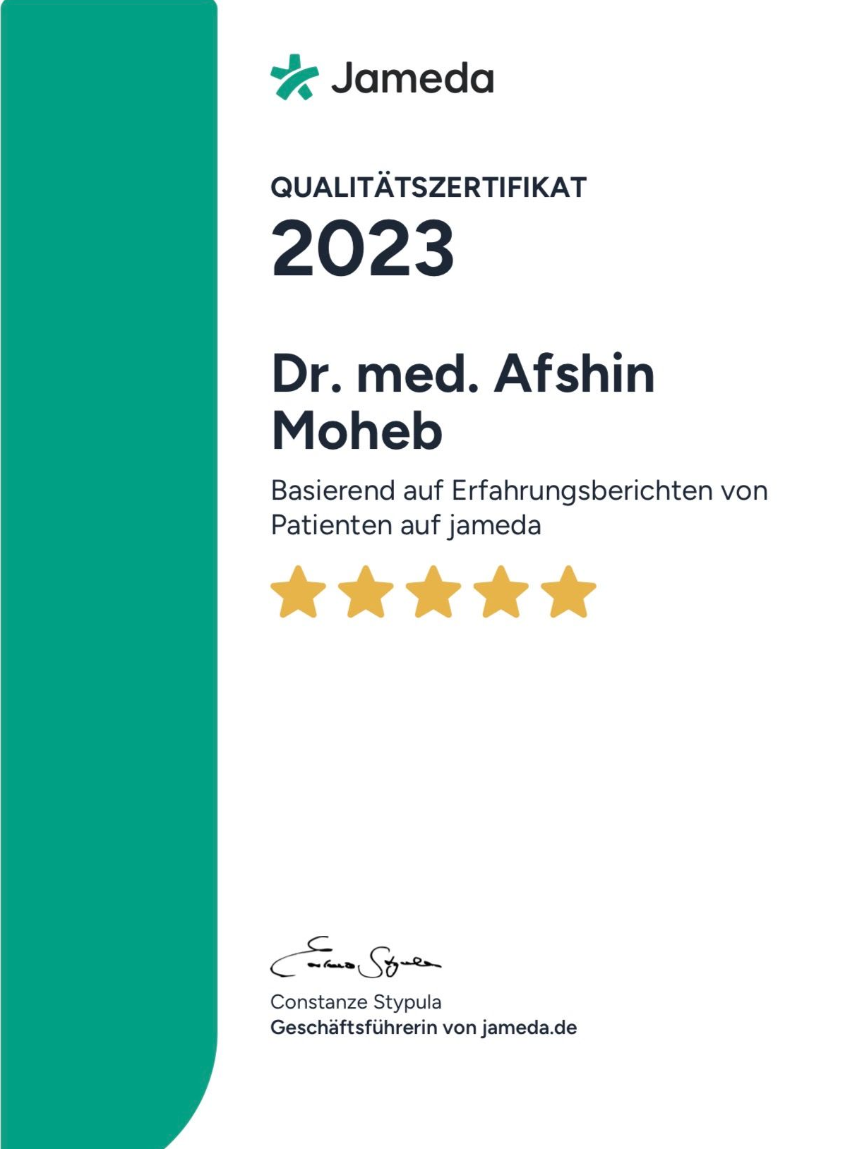 Jameda-Qualitätszertifikat 2023 für Dr. med. Afshin Moheb, mit fünf goldenen Sternen auf weiß-grünem Hintergrund