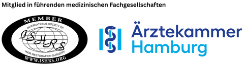 Logos der ISHRS und der Hamburgischen Ärztekammer, die die Mitgliedschaft in medizinischen Fachgesellschaften kennzeichnen.
