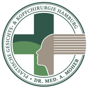 Logo für Plastische Gesichts- & Kopfchirurgie Hamburg mit einer Seitenprofil-Silhouette und einem Kreuz in Grün und Taupe.