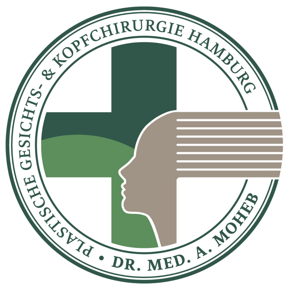 Logo für Plastische Gesichts- & Kopfchirurgie Hamburg mit einer Seitenprofil-Silhouette und einem Kreuz in Grün und Taupe.