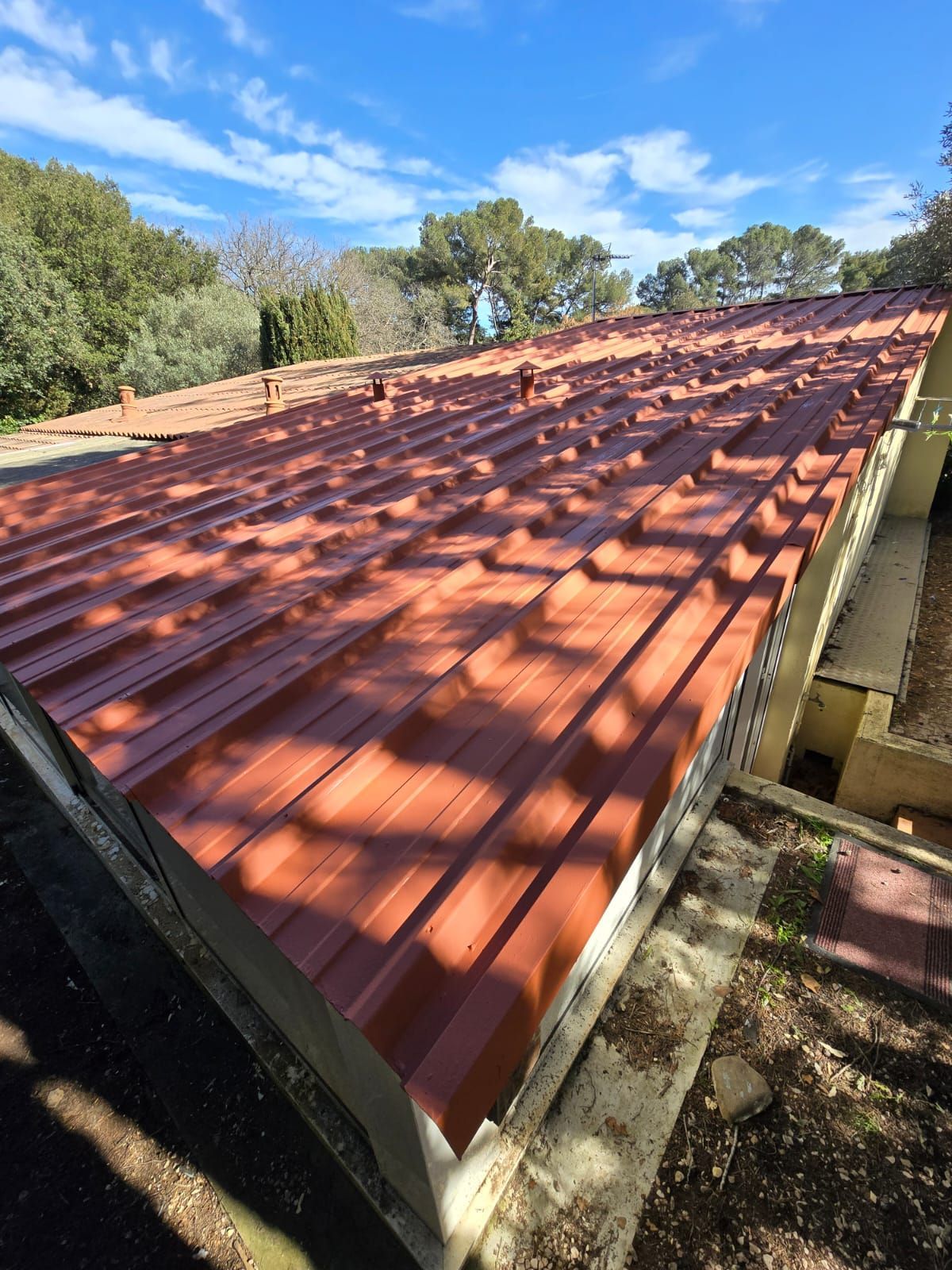 Toit en tôle ondulée rouge sur un bâtiment, avec des arbres en arrière-plan.