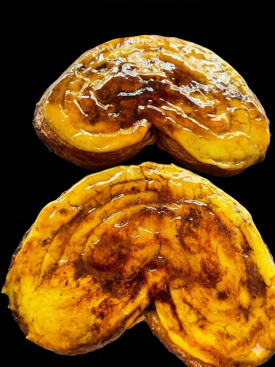 Dos pasteles de caramelo glaseado sobre un fondo negro, uno dorado y otro de color marrón más oscuro.