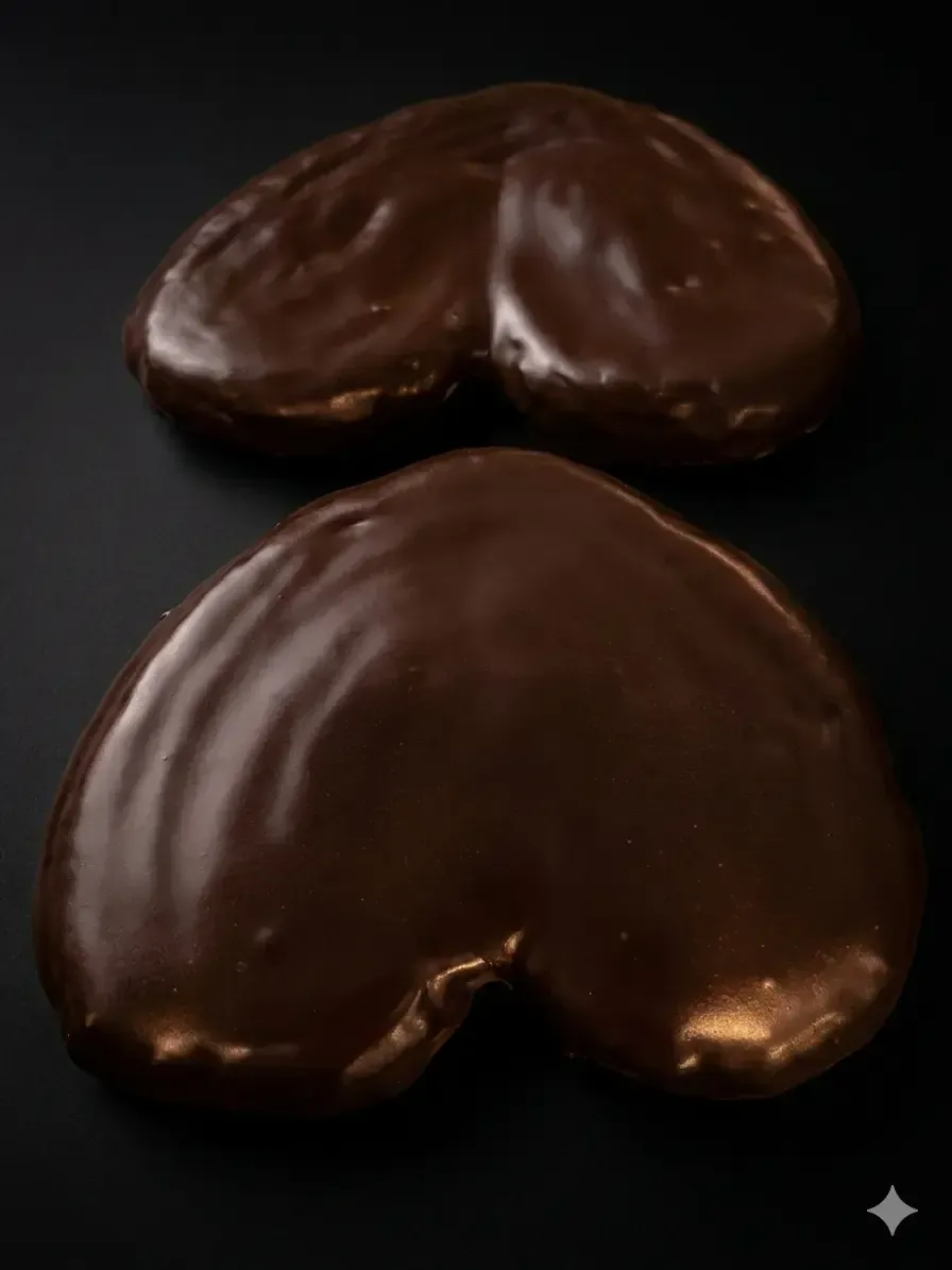 Dos caramelos brillantes de chocolate negro con forma de corazón sobre un fondo negro.