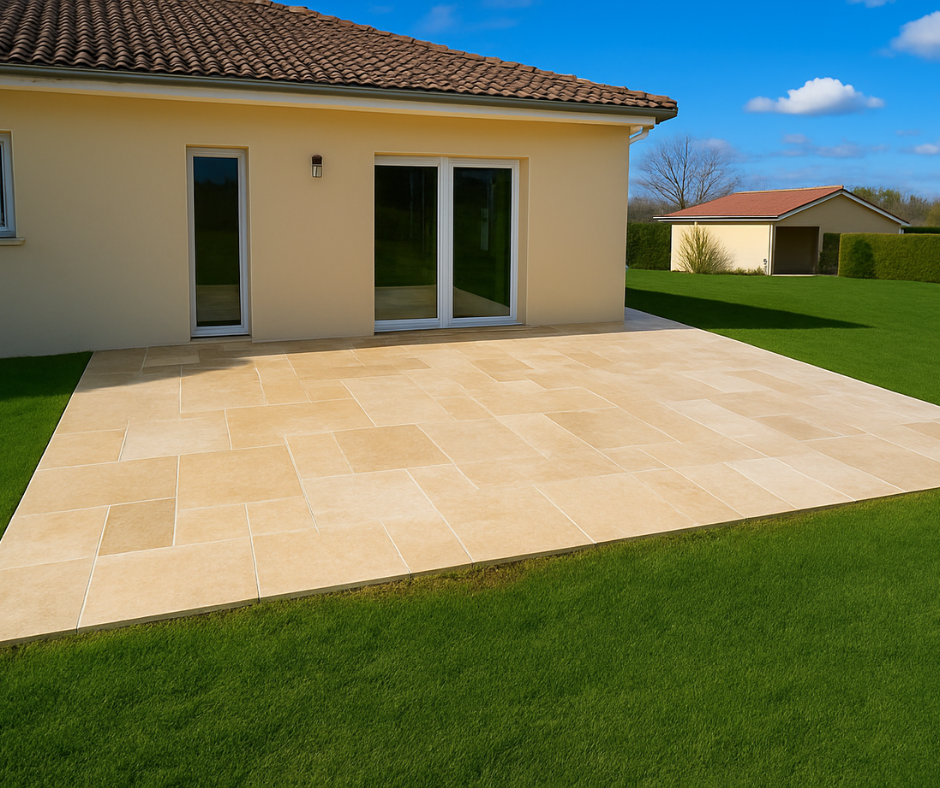 Terrasse en pierre beige jouxtant une maison beige aux portes vitrées, entourée de pelouse verte.