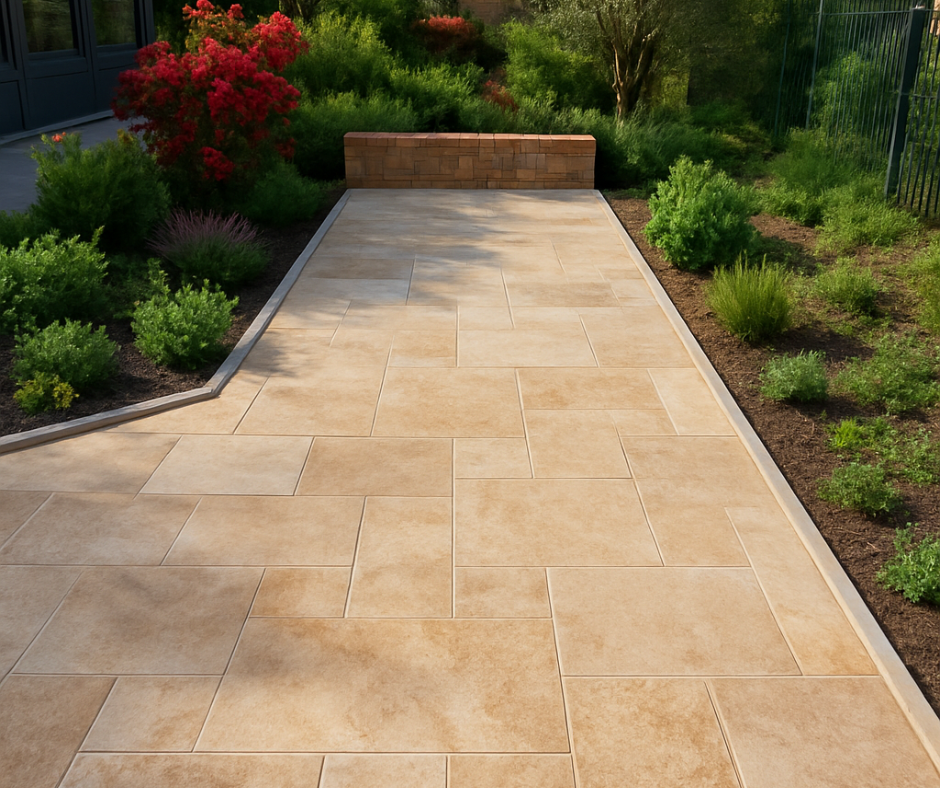 Allée en pierre beige traversant un jardin, bordée de buissons verts et d'un arbre à fleurs rouges.