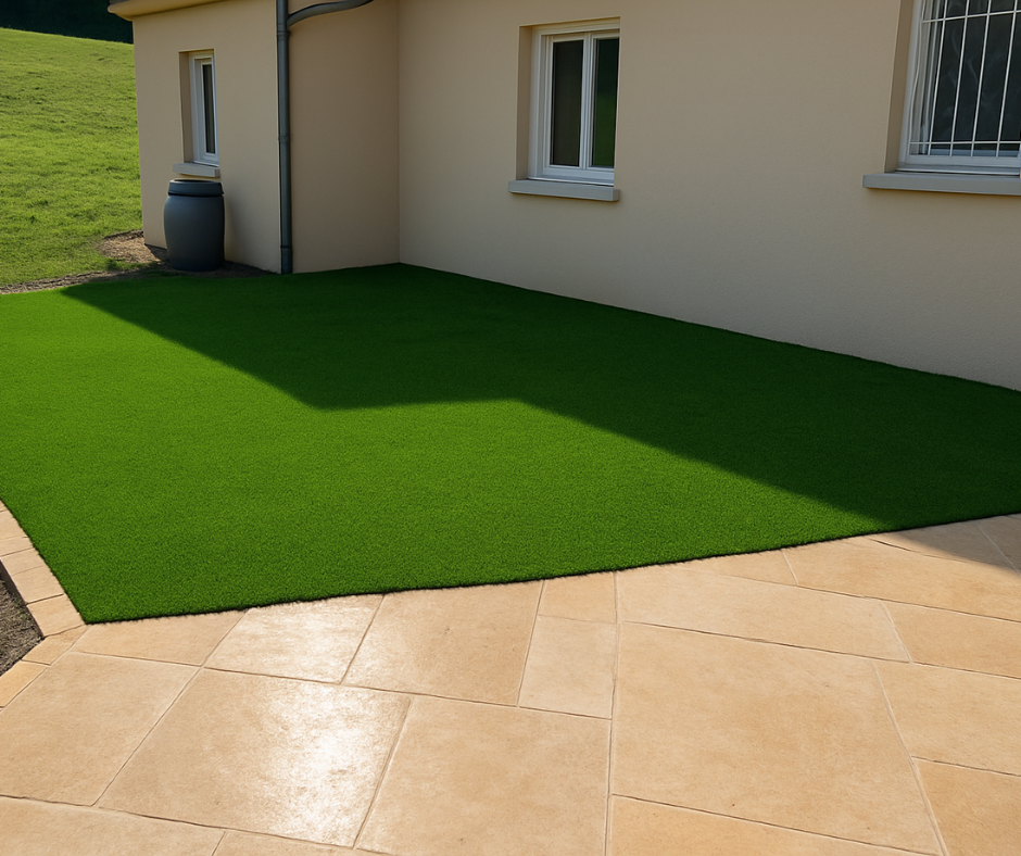 Pelouse artificielle verte jouxtant une terrasse beige et un mur de maison.