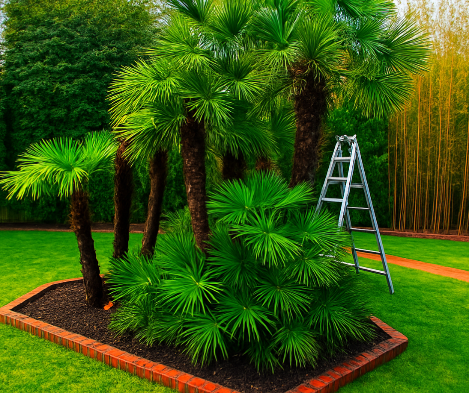 Des palmiers dans un parterre de jardin, avec une échelle à côté, entourés d'herbe verte et d'une forêt de bambous.