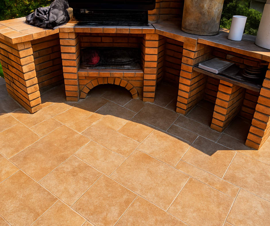 Cuisine extérieure en briques avec barbecue et comptoir sur une terrasse carrelée.