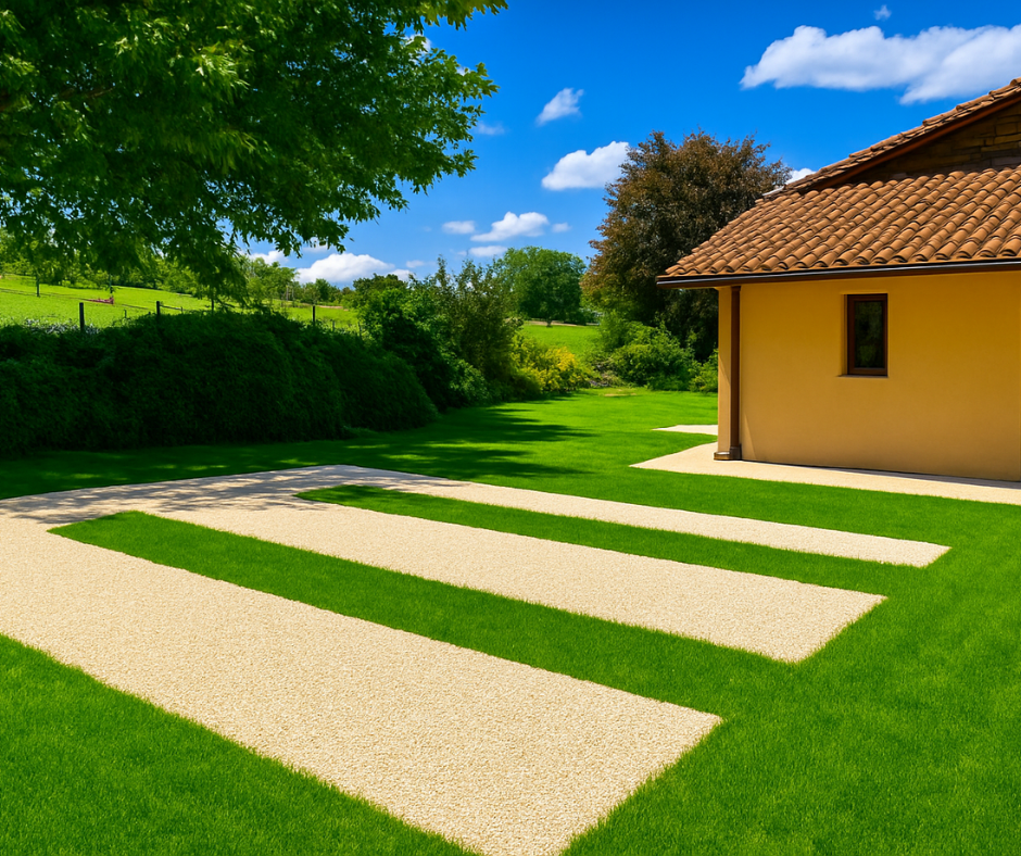 Pelouse verdoyante bordée d'allées de gravier beige alternant avec une maison jaune et un ciel bleu.