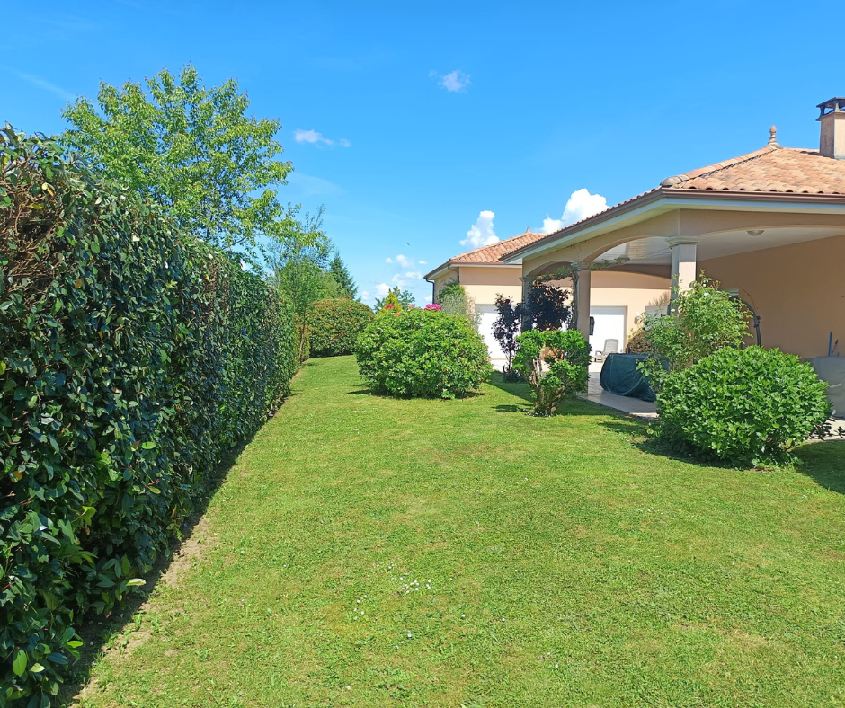 Pelouse verte et buissons bordent une maison au toit de tuiles sous un ciel bleu.