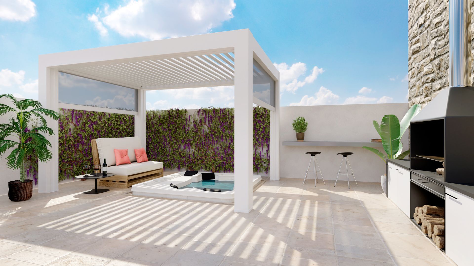 Pergola blanche avec coin salon et piscine.