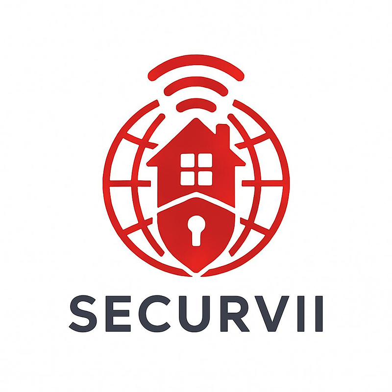 Logotipo rojo de Securvii con una casa, un escudo y una se&ntilde;al Wi-Fi dentro de un icono de globo terr&aacute;queo.