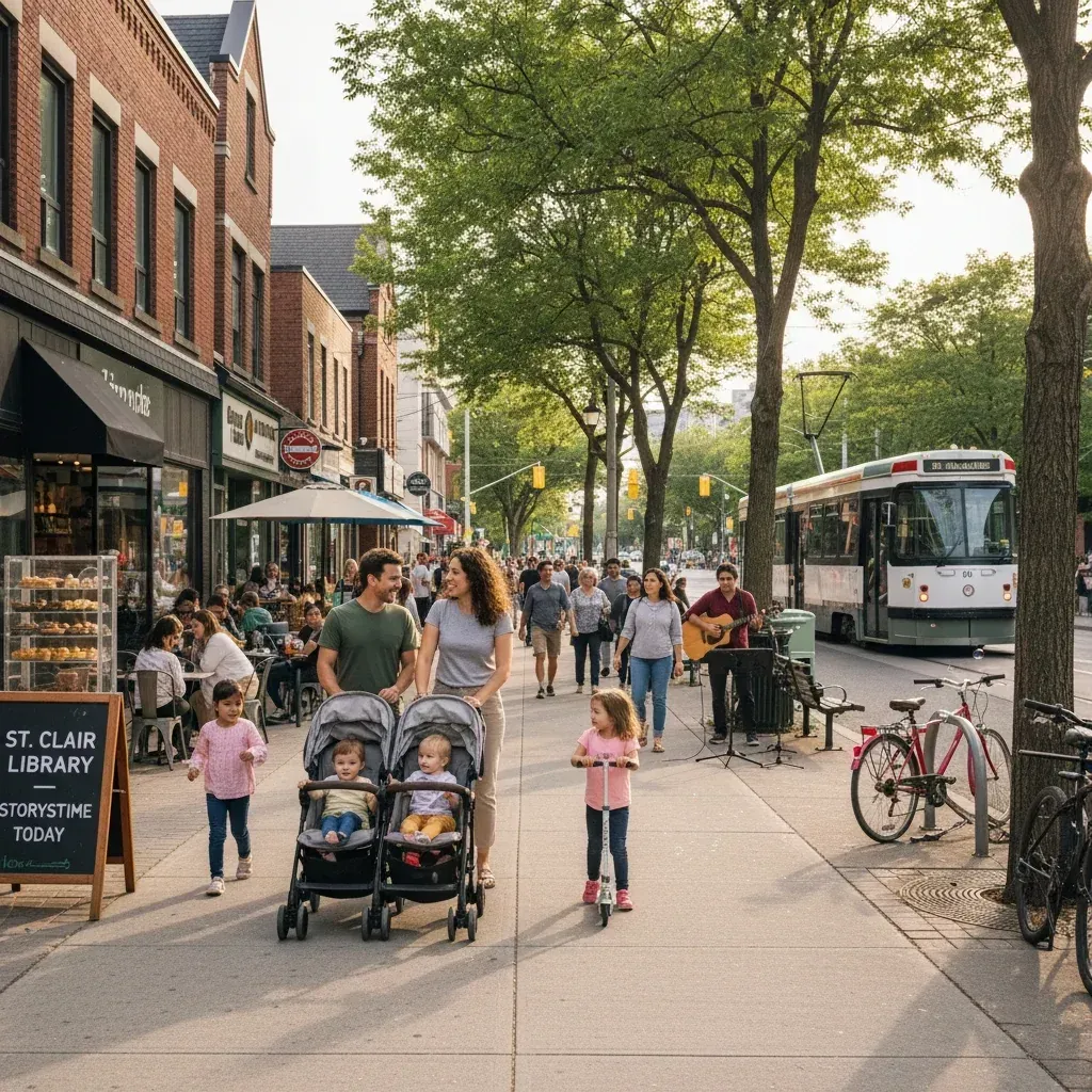 Corner of a city street with parked cars, buildings, and a utility pole, sunny day.