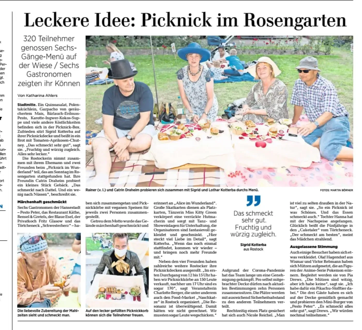 A newspaper article titled leckere idee picknick im rosengarten