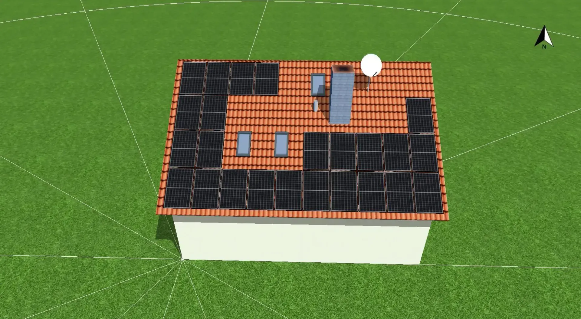 Ein Haus mit Solarpaneelen auf dem Terrakotta-Ziegeldach, inmitten einer grünen Rasenfläche. Eine weiße Satellitenschüssel ist zu sehen.