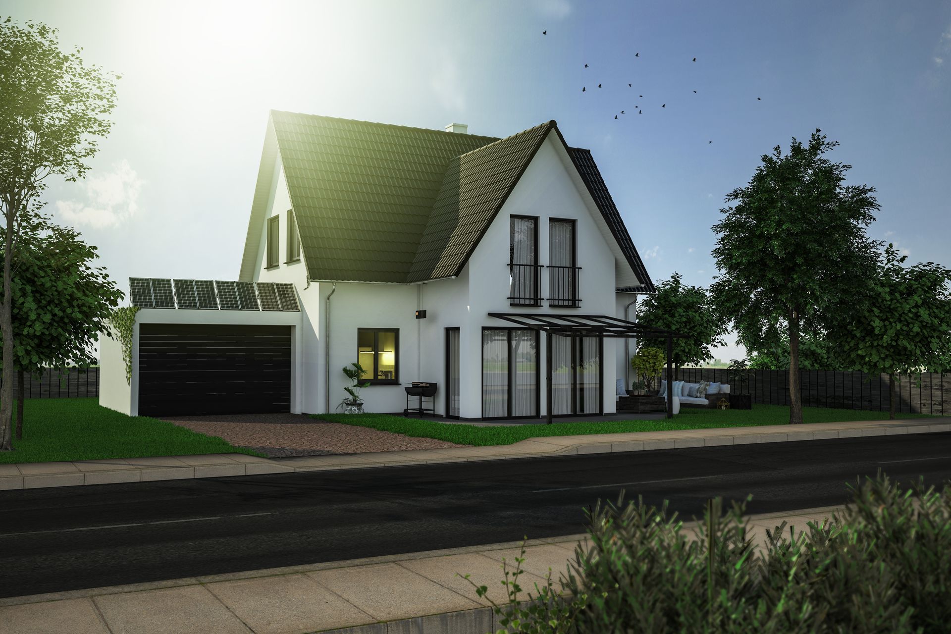 Am Straßenrand steht ein weißes Haus mit einer schwarzen Garage.