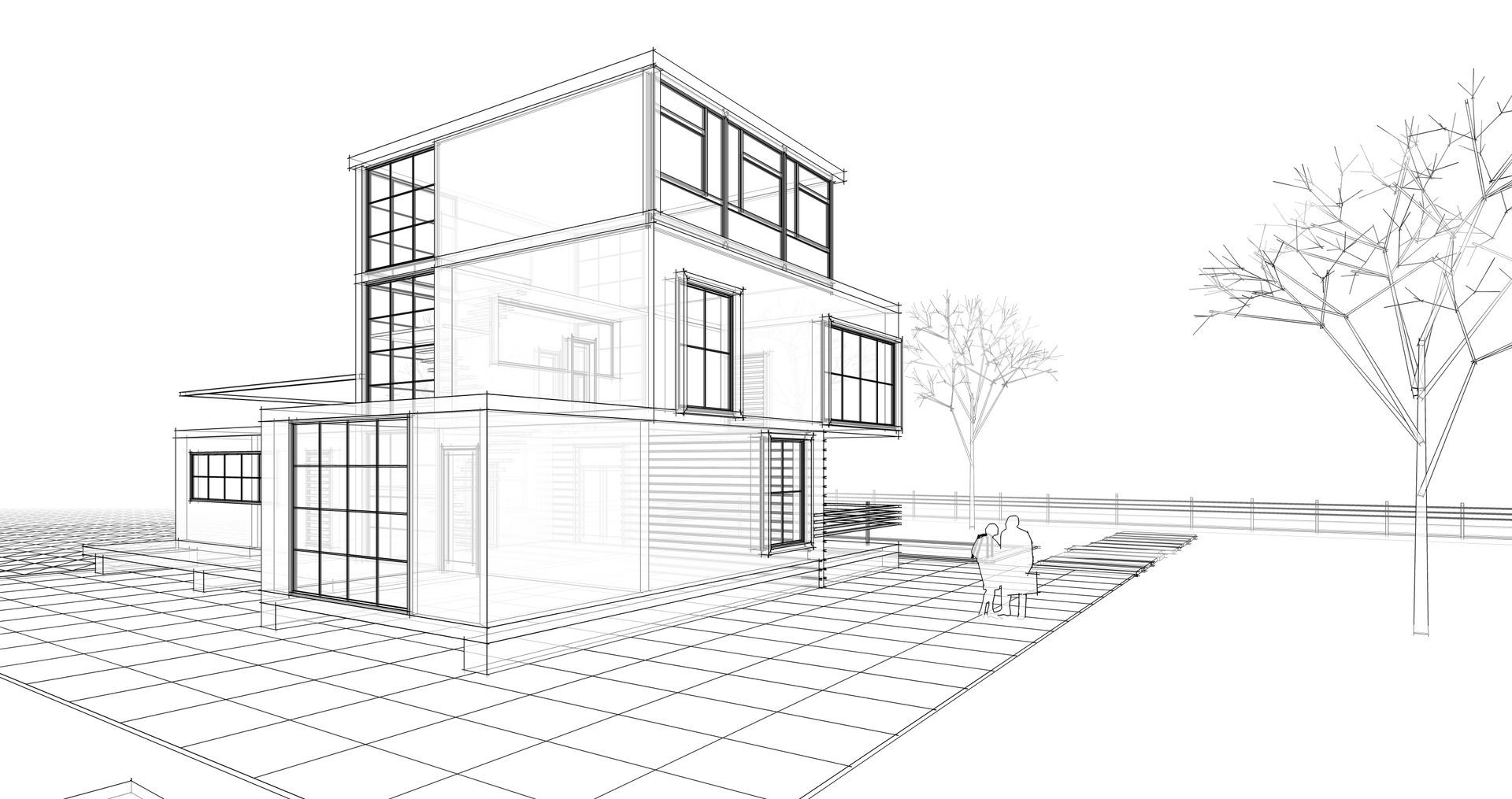 Eine Schwarzweißzeichnung eines Hauses mit Bäumen im Hintergrund.