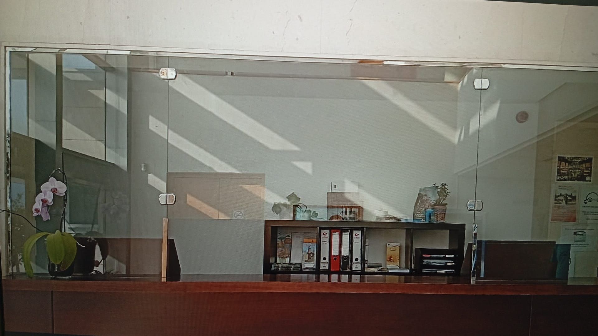 Mostrador de recepción con barrera de cristal, orquídea y luz solar proyectando sombras.