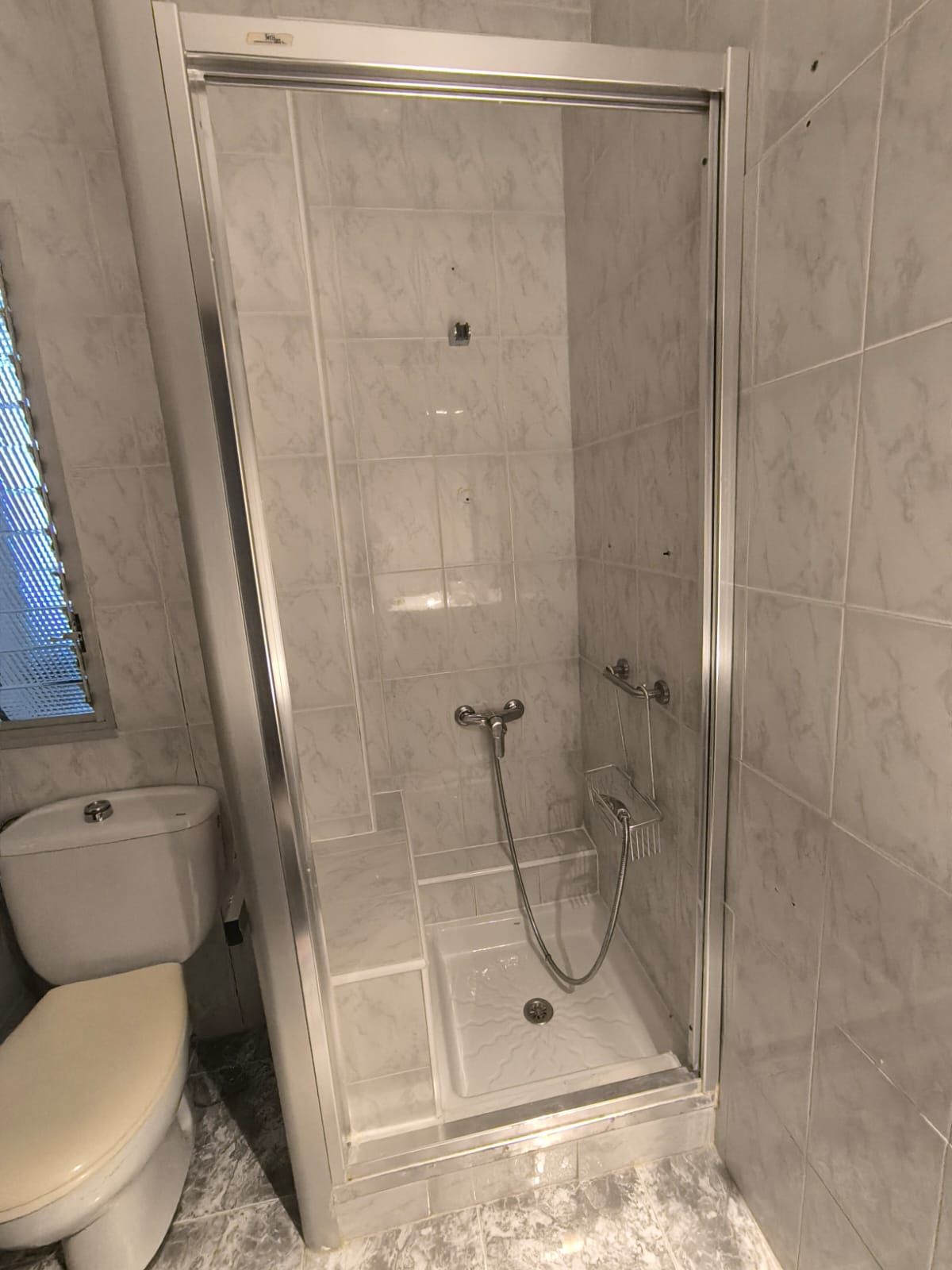 Baño con mampara de ducha junto a un inodoro, ambos revestidos de azulejos blancos.