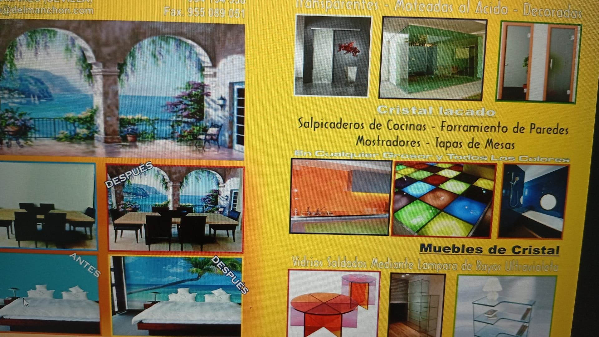 Varios ejemplos de diseño de interiores, con muebles de vidrio, murales y elementos arquitectónicos.